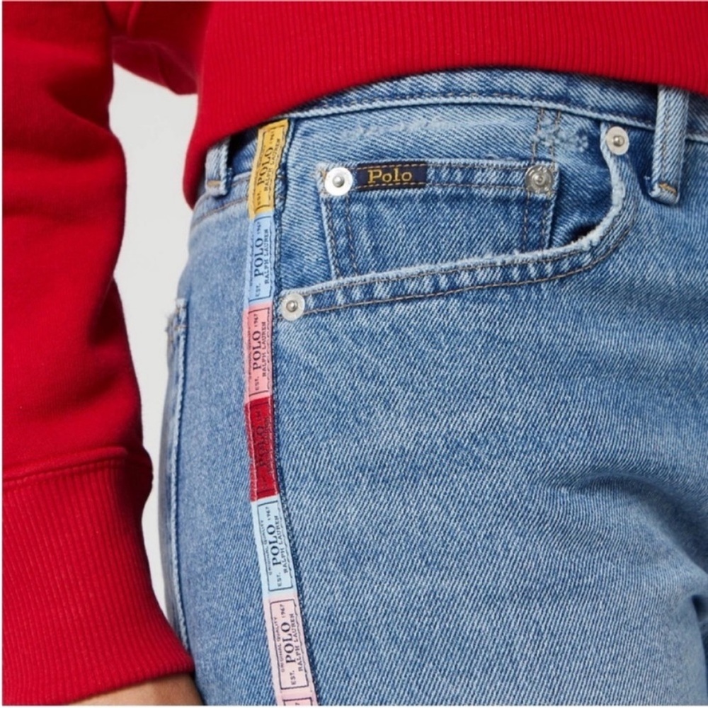 Polo Ralph Lauren Avery Boyfriend Light Blue Jeans with Colorful Stripes Seam - Picture 2 of 12